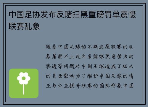 中国足协发布反赌扫黑重磅罚单震慑联赛乱象
